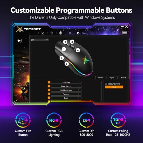 TECKNET Mouse Gamer Inalámbrico RGB 8000 DPI – Recargable 100h - Imagen 4