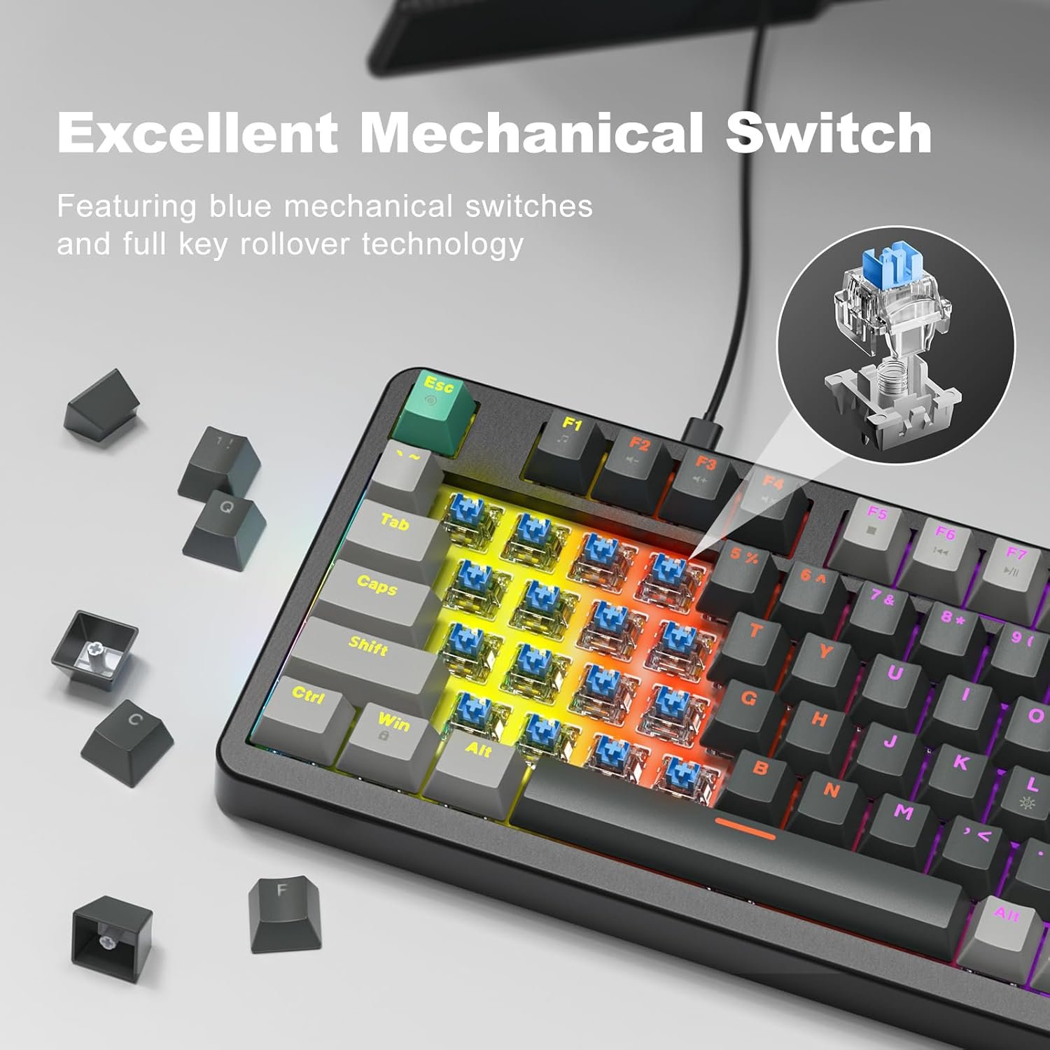 Teclado Mecánico Gamer GEEZER 96 Teclas RGB USB con Switch Azul y Perilla Multimedia para PC y Laptop - Imagen 5