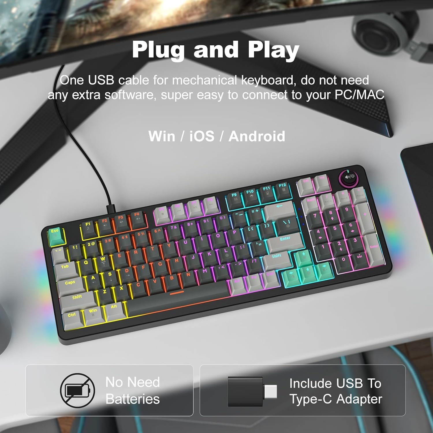 Teclado Mecánico Gamer GEEZER 96 Teclas RGB USB con Switch Azul y Perilla Multimedia para PC y Laptop - Imagen 7