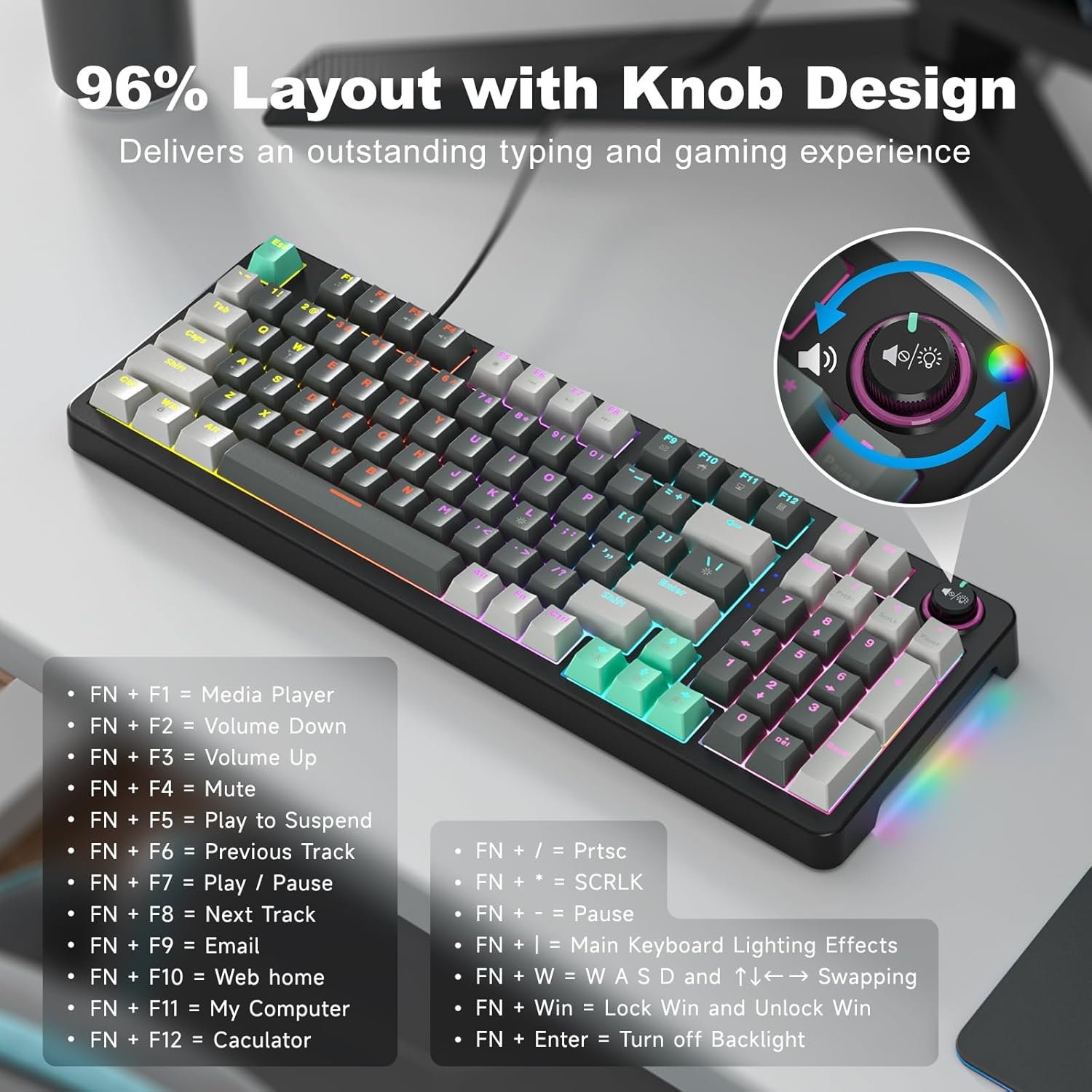 Teclado Mecánico Gamer GEEZER 96 Teclas RGB USB con Switch Azul y Perilla Multimedia para PC y Laptop - Imagen 3