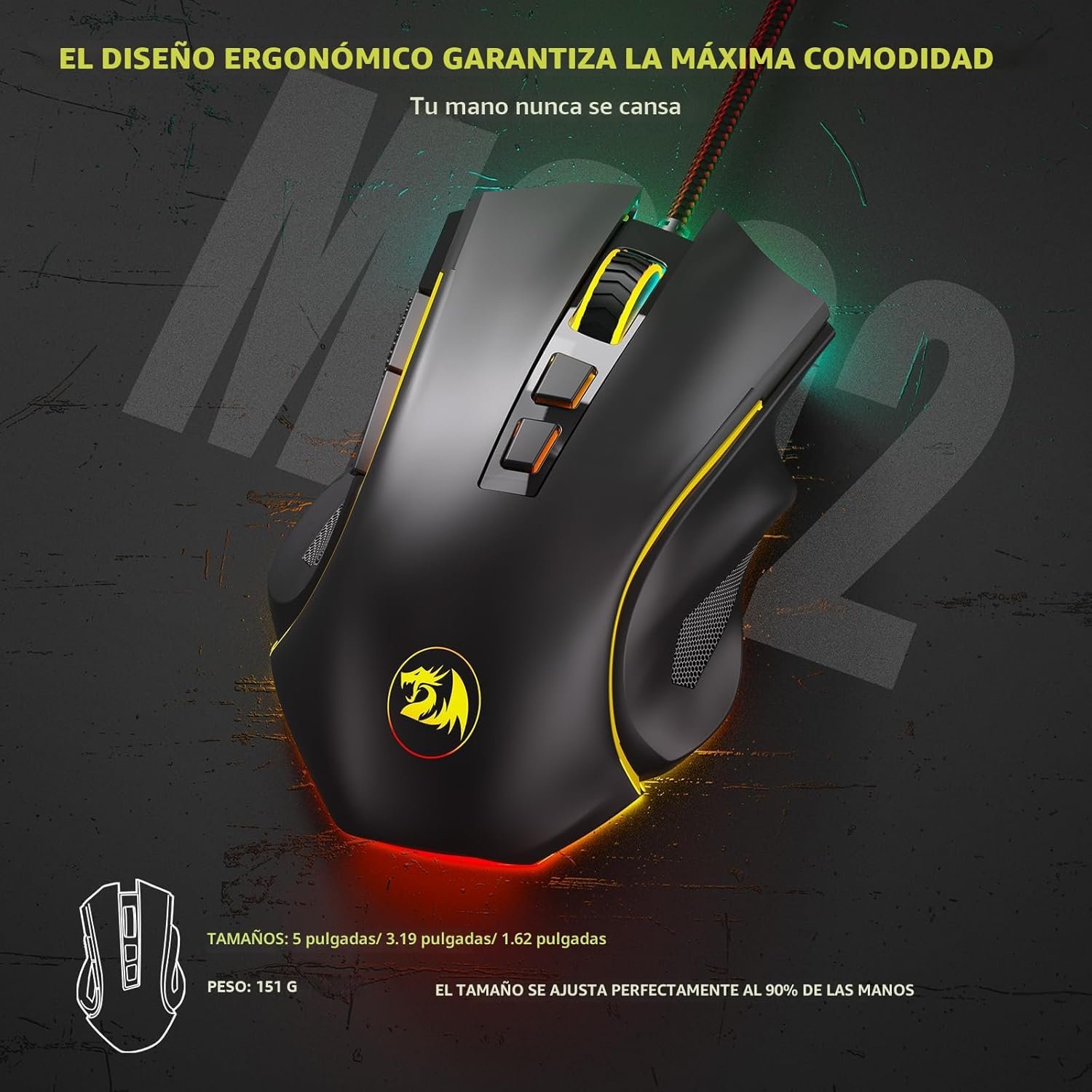 Mouse Gamer Redragon M602 RGB 7200 DPI | 9 Botones Programables | Ergonómico - Imagen 4