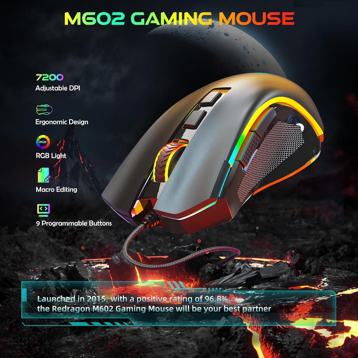 Mouse Gamer Redragon M602 RGB 7200 DPI | 9 Botones Programables | Ergonómico - Imagen 2